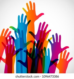 Manos sobre un fondo claro. Silhouettes coloridas brazos.  Equipo vector, ayuda, ilustración de símbolo de amistad.