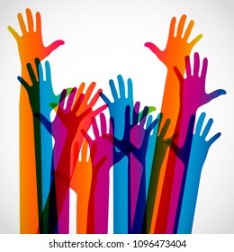 Hands on a light background. Colorful silhouettes arms.  Vector team, help, friendship symbol illustration.