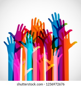 Manos sobre un fondo claro. Silhouettes coloridas brazos.  Equipo vector, ayuda, ilustración de símbolo de amistad.