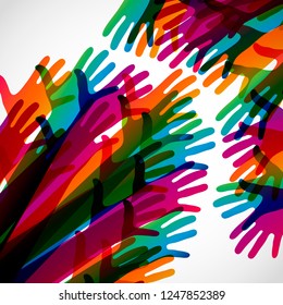 Hands on a light background. Colorful silhouettes arms.  Vector team, help, friendship symbol illustration.