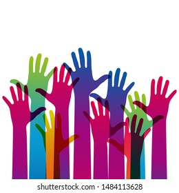 Manos sobre un fondo claro. Silhouettes coloridas brazos.  Equipo vector, ayuda, ilustración de símbolo de amistad.