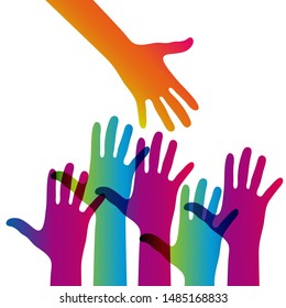 Hands on a light background. Colorful silhouettes arms.  Vector team, help, friendship symbol illustration.