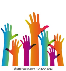 Hands on a light background. Colorful silhouettes arms.  Vector team, help, friendship symbol illustration.