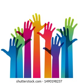 Hands on a light background. Colorful silhouettes arms.  Vector team, help, friendship symbol illustration.