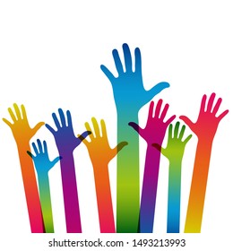 Manos sobre un fondo claro. Silhouettes coloridas brazos.  Equipo vector, ayuda, ilustración de símbolo de amistad.