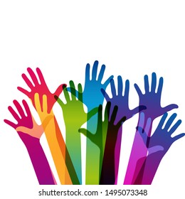 Hands on a light background. Colorful silhouettes arms.  Vector team, help, friendship symbol illustration.