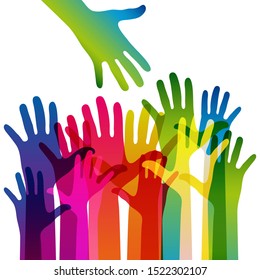 Manos sobre un fondo claro. Silhouettes coloridas brazos.  Equipo vector, ayuda, ilustración de símbolo de amistad.