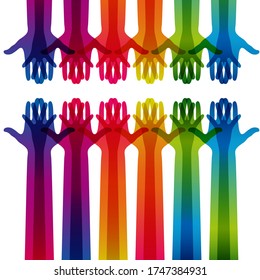Manos sobre un fondo claro. Silhouettes coloridas brazos. Equipo vector, ayuda, ilustración de símbolo de amistad.