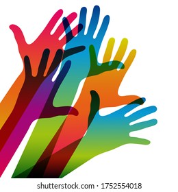Manos sobre un fondo claro. Silhouettes coloridas brazos. Equipo vector, ayuda, ilustración de símbolo de amistad.