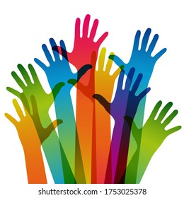 Manos sobre un fondo claro. Silhouettes coloridas brazos. Equipo vector, ayuda, ilustración de símbolo de amistad.