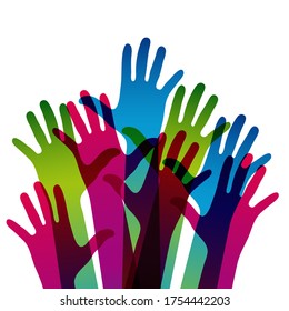 Hands on a light background. Colorful silhouettes arms. Vector team, help, friendship symbol illustration.