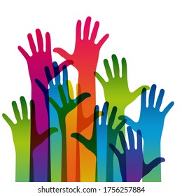 Hands on a light background. Colorful silhouettes arms. Vector team, help, friendship symbol illustration.