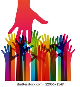 Hands on a light background. Colorful silhouettes arms. Vector team, help, friendship symbol illustration.