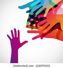 Hands on a light background. Colorful silhouettes arms.  Vector team, help, friendship symbol illustration.