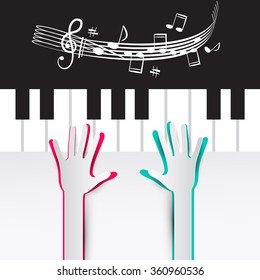 Hands on Piano Keyboard with Notes and Staff Vector Illustration