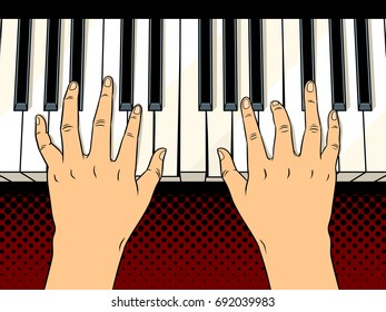 Hands on the piano keys comic book pop art retro style vector illustration.