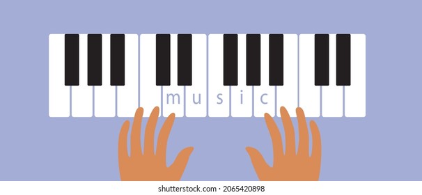 Hands on the piano keys. Flat vector stock illustration. Piano music. Musician's hands. Top view of the arms. Piano music concept. Isolated illsutration