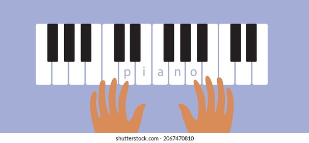 Hands on the piano keys. Flat vector stock illustration. Piano music. Musician's hands. Top view of the arms. Play music. The concept of learning to play the piano. Isolated illustration