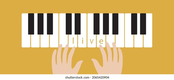 Hands on the piano keys, live music. Flat vector stock illustration. Piano music. Musician's hands. Top view. Live music concert. The concept of playing the piano. Isolated illustration