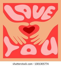 Hands on a red background with a heart and an inscription love you
