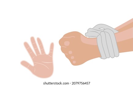 Hands on a rope on a gray background