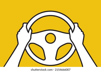 Hands on steering wheel black icon. Driver vehicle. Web Design Template Automobile background. Vector illustration flat black line style. Car drive. Driving lessons. Glyph steering wheel.