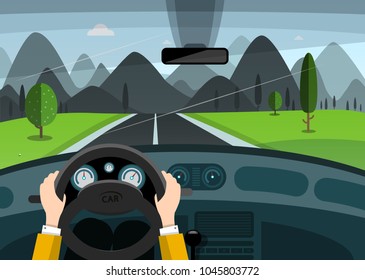 Hands on Steering Wheel. Car on Road with Mountains on Background. Vector Nature Trip Illustration.