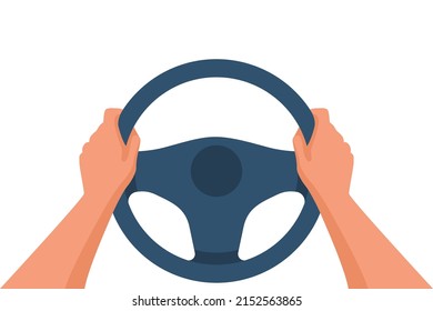 Hands on the steering wheel of a car. Driver vehicle. Web Design Template Automobile background. Vector illustration flat style. Isolated on white. Car drive. Landing page driving lessons.