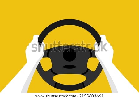 Hands on the steering wheel of a car. Driver vehicle. Web Design Template Automobile background. Vector illustration flat style. Isolated on white. Car drive. Landing page driving lessons.