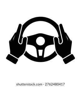 Hands on steering wheel icon for driving, automotive, car control, and transportation theme, road trip, driving school, learn to drive