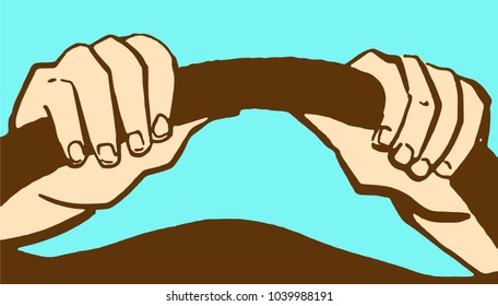 Hands on the steering wheel isolated on blue. Cartoon color vector sketch, simple illustration.