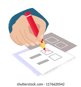 Hands on the table. Check-list filling. Vector picture. Vector image for your website or design element.
