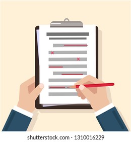 Hands on the table. Filling the checklist. Additions and improvements of the article. Correction of the text. Proofreading in pencil. Amendment to the text. Vector image. The icon of the hand write