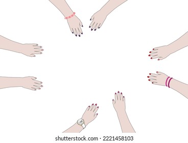 Hands on the table. Nails, bracelets, clocks, accessories. Top view. Empty space for picture or text. Cover, banner, post. Business lunch. Girlfriends in café.