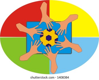 hands on the table, reaching for the ball - colorful vector graphics