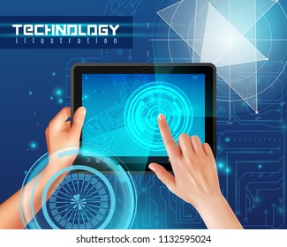 Hands on tablet touchscreen realistic top view image against blue glossy abstract digital technology background vector illustration