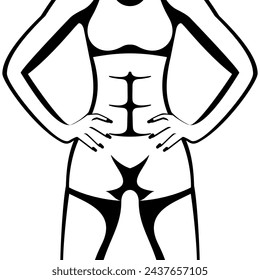 Hands on waist. Silhouette slender athletic girl, fitness trainer. Confident sportswoman. Athletic body. Vector illustration flat design. Black icon isolated on white background.
