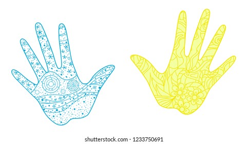 Hands on white. Abstract patterns on isolation background. Design for spiritual relaxation for adults. Zen art. Doodles for banners, posters, t-shirts and textiles