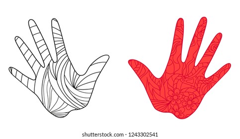 Hands on white. Abstract patterns on isolation background. Design for spiritual relaxation for adults. Zen art. Doodles for banners, posters, t-shirts and textiles
