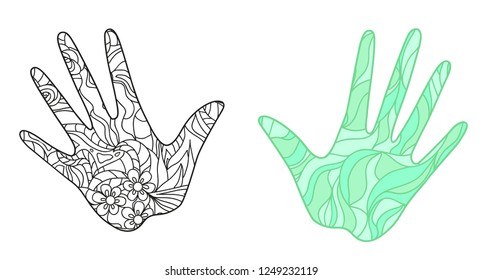 Hands on white. Abstract patterns on isolation background. Design for spiritual relaxation for adults. Zen art. Doodles for banner, poster, t-shirt and textiles