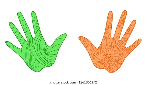 Hands on white. Abstract patterns on isolation background. Design for spiritual relaxation for adults. Zen art. Doodles for banner, poster, t-shirt or textiles