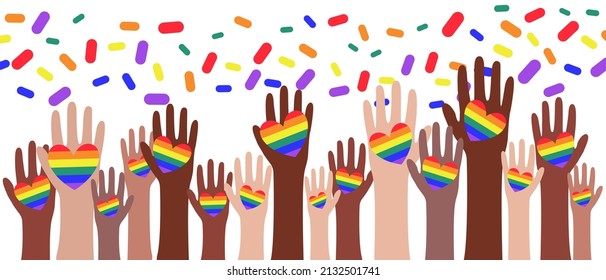 Manos en un fondo blanco con corazones LGBT. Símbolo del movimiento, lucha y resistencia LGBT. Ilustración vectorial del concepto de apoyo LGBT. Levanten sus manos al desfile gay. Ilustración del vector
