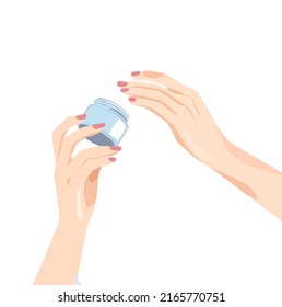 Hands on a white isolated background hold a jar of cream. The concept of face and body skin care. Spa care. Cream, serum, gel for hands, face, body. 