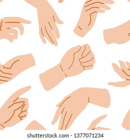 Hands on white seamless pattern, vector illustration. Hand drawn texture with human palms, wrists, gestures. Simple flat style, sketch background for fabric, textile, paper