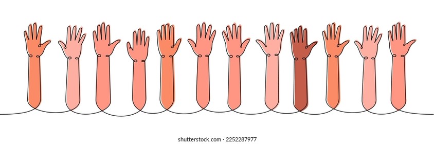 Hands up one line colored continuous drawing. Voting, volunteering continuous colorful one line illustration. Vector minimalist linear illustration.