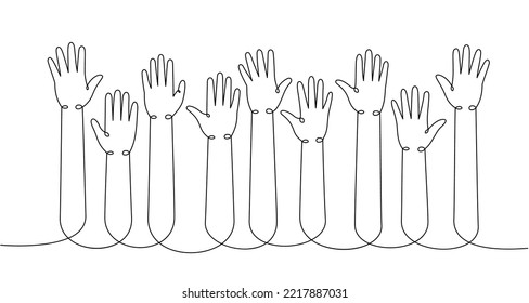 Hands up one line continuous drawing. Public opinion, user feedback continuous one line illustration. Vector minimalist linear illustration.
