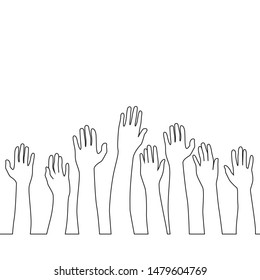 Hands up one line drawing on white isolated background. Vector illustration