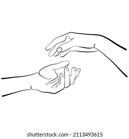 Hands one line illustration. Female and male hands reach out to each other. Continuous line art. Wedding illustartion