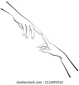 Hands one line illustration. Hands touch by index fingers. Female and male hands reach out to each other. Continuous line art. Wedding illustration.