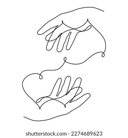 Hands one-line art, hand drawn continuous contour. Palms with fingers gesturing, drawing single line style, minimalist design. Editable stroke. Isolated. Vector illustration